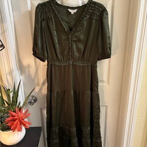 Nanette Lepore Olive Green Cottagecore Boho Midi Dress with Ruffles, Sz 12